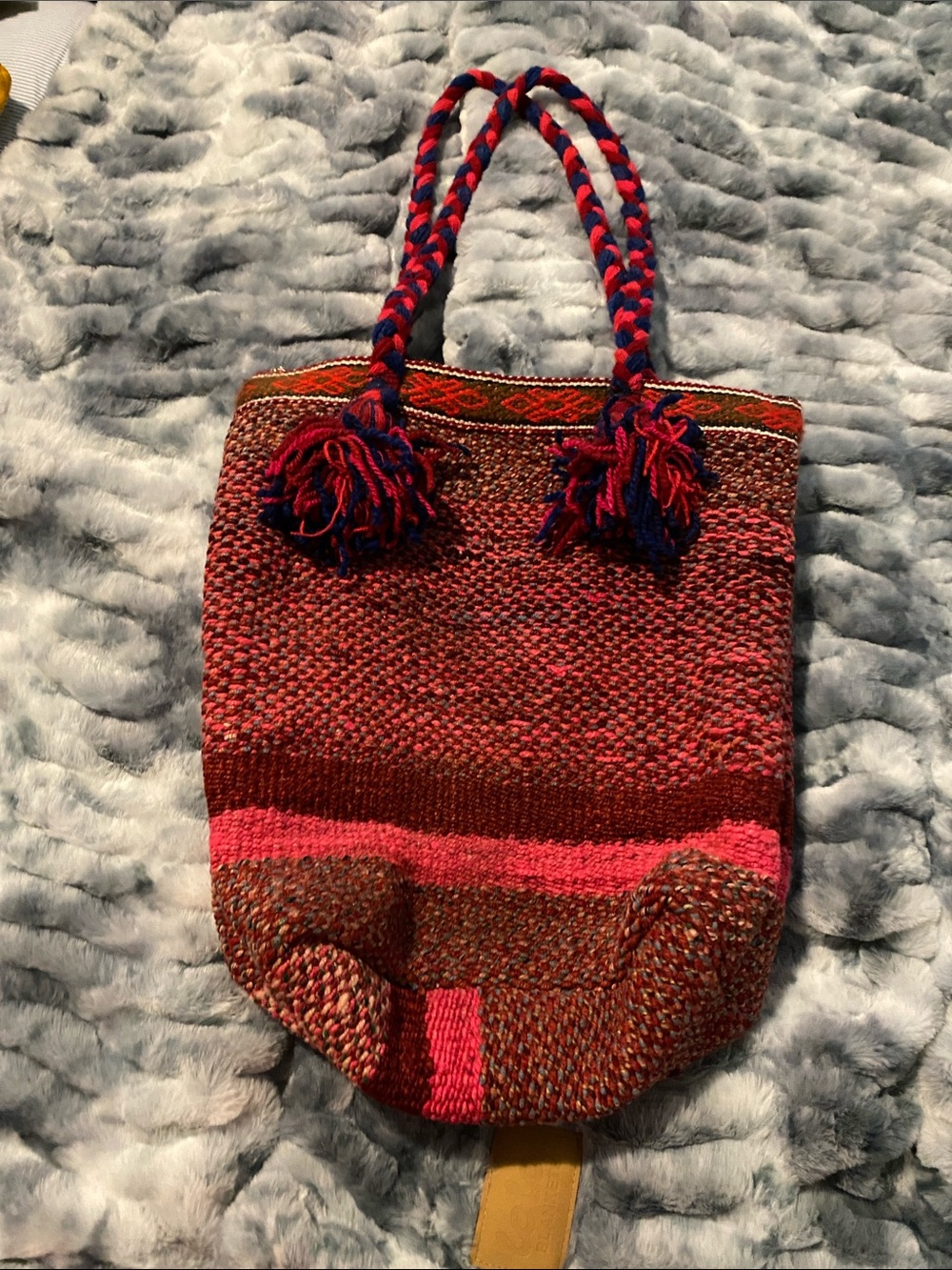 Handwoven Pink & Blue Braided-Handle Tote Bag